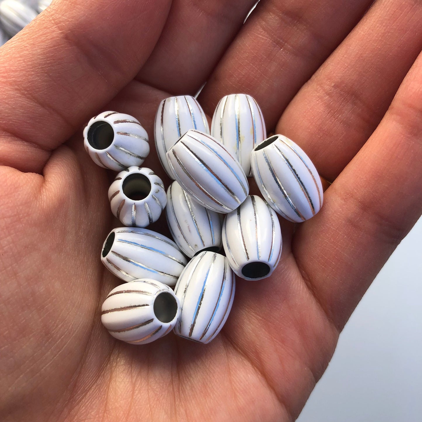 White Striped Macrame Beads 16x11mm Oval Acrylic Resin Bead 20 Pieces