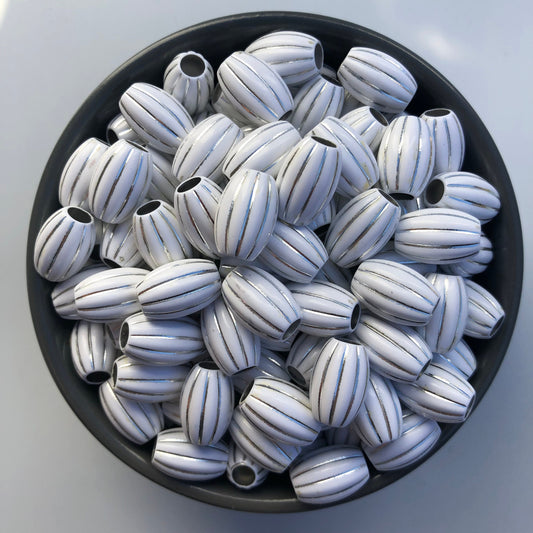 White Striped Macrame Beads 16x11mm Oval Acrylic Resin Bead 20 Pieces