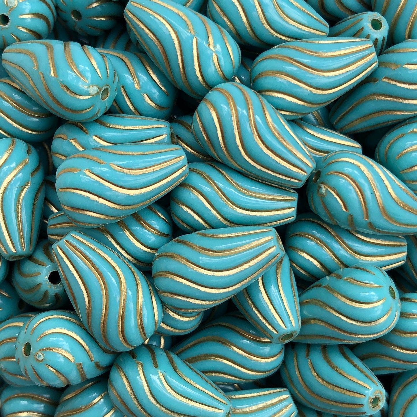 Tear Drop Beads , Turquoise 17x10mm Aqua Blue Bead, 10pcs Gold Enlaced Spiral Pattern