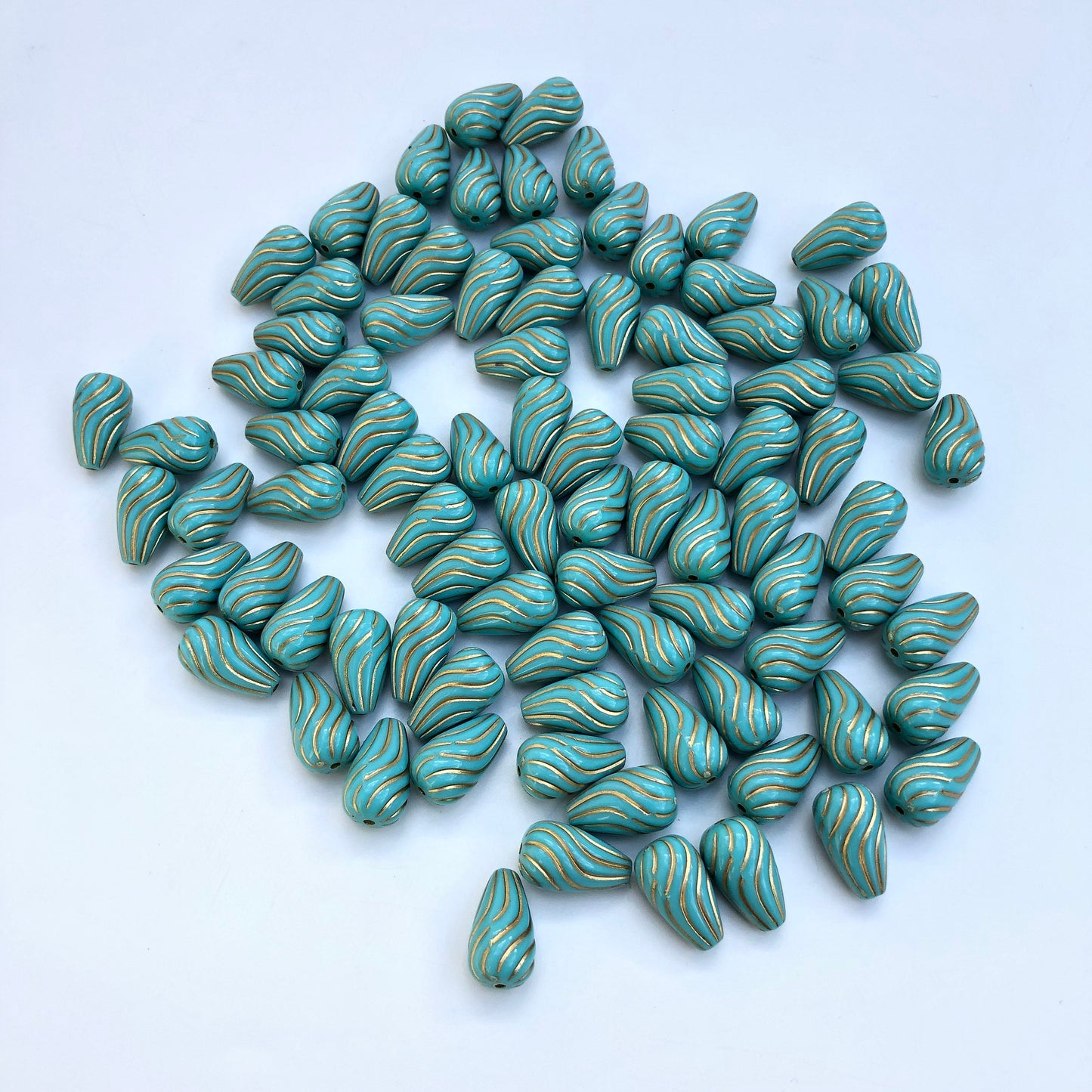 Tear Drop Beads , Turquoise 17x10mm Aqua Blue Bead, 10pcs Gold Enlaced Spiral Pattern