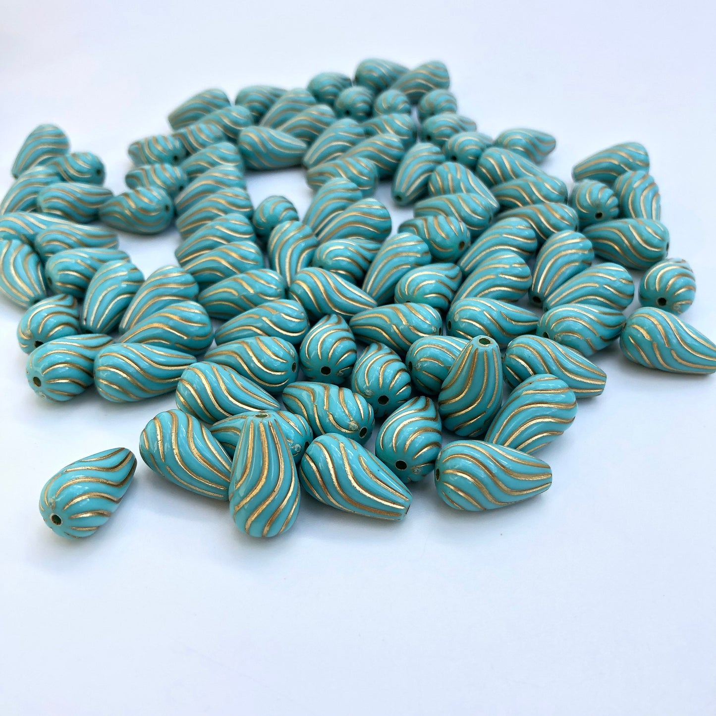 Tear Drop Beads , Turquoise 17x10mm Aqua Blue Bead, 10pcs Gold Enlaced Spiral Pattern