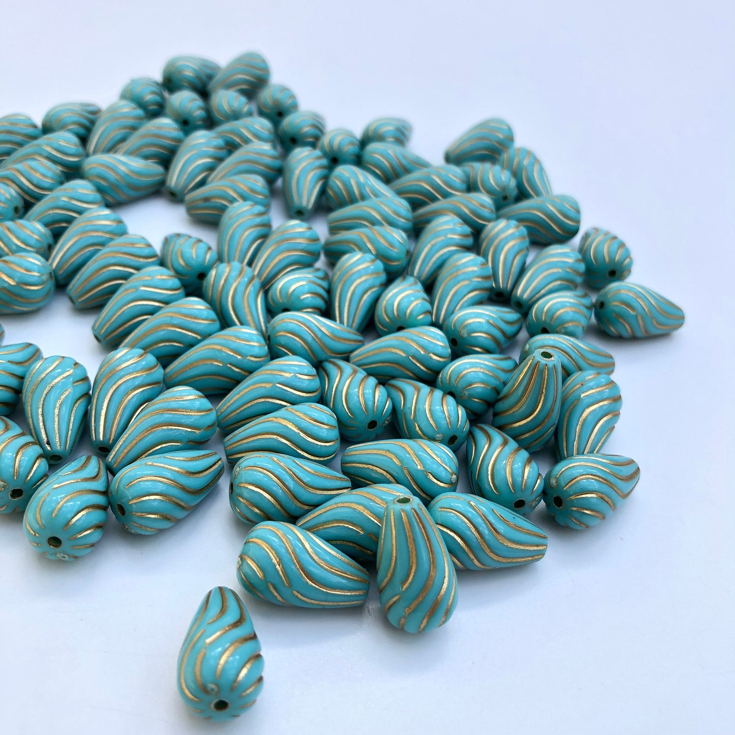 Tear Drop Beads , Turquoise 17x10mm Aqua Blue Bead, 10pcs Gold Enlaced Spiral Pattern