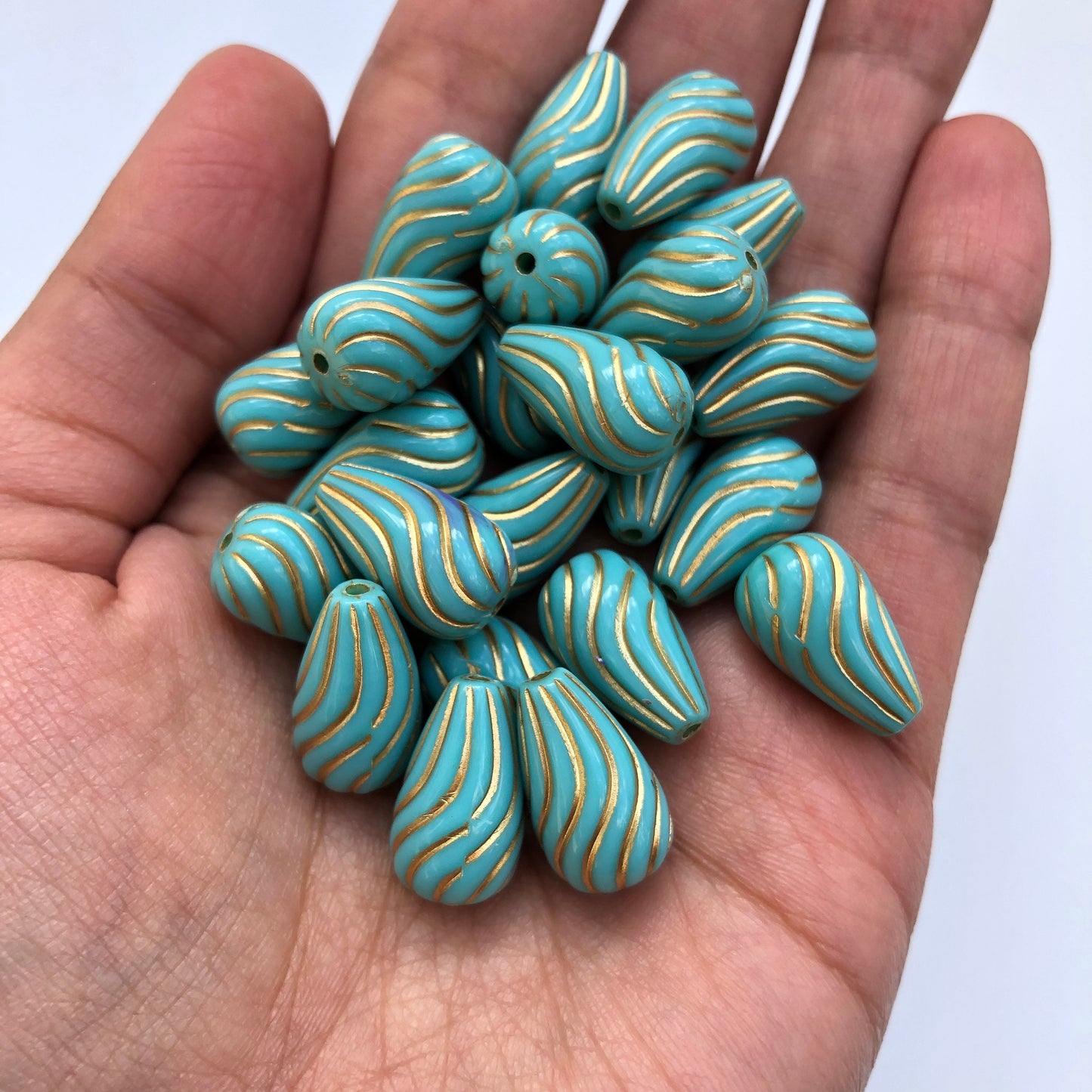 Tear Drop Beads , Turquoise 17x10mm Aqua Blue Bead, 10pcs Gold Enlaced Spiral Pattern