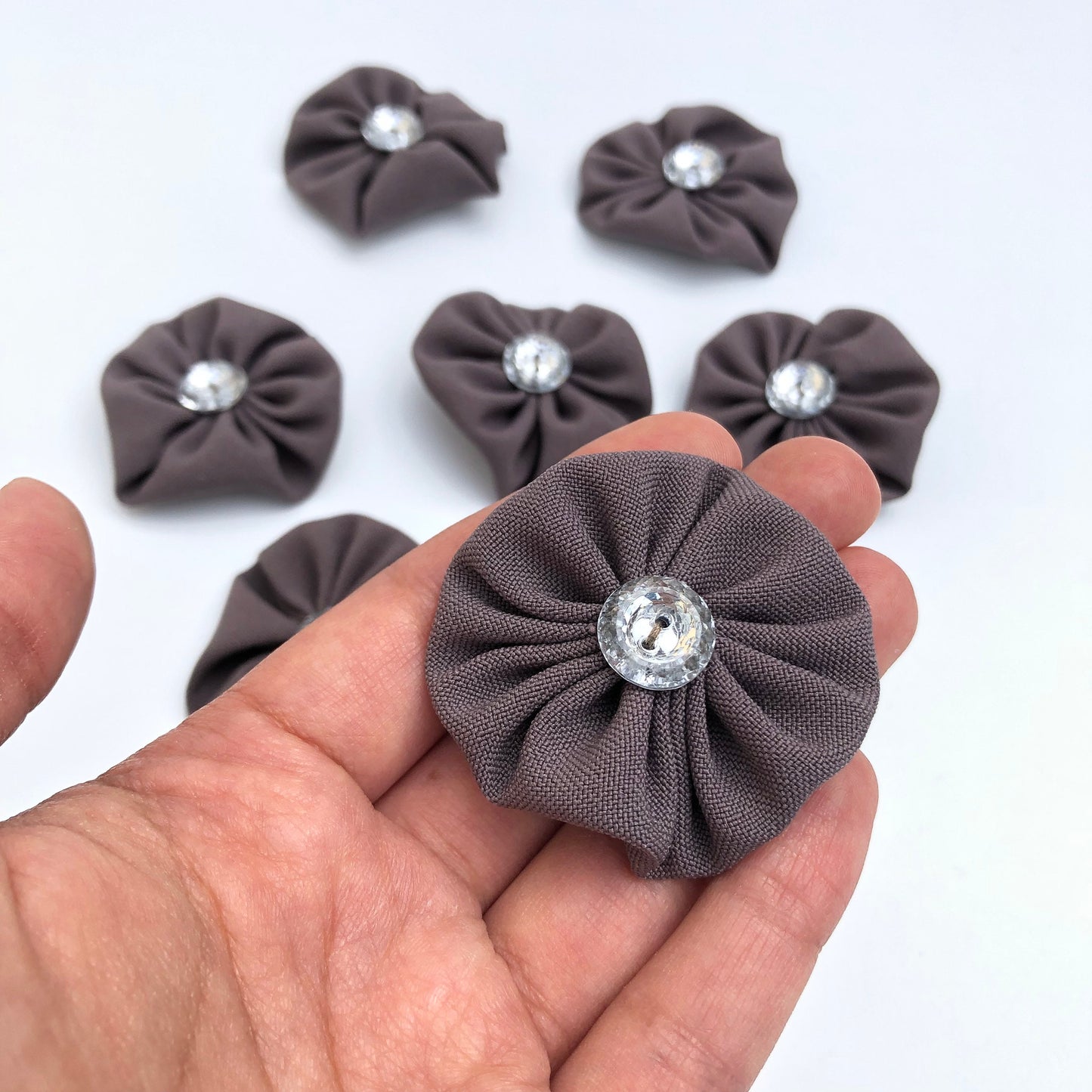 Handmade Flowers 45mm Grey Fabric Florals Craft Hat Quilting Flower with Button