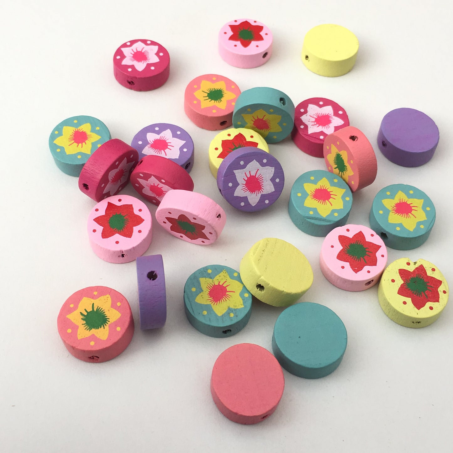 Round Painted Flower Bead, Floral Multi Colour Pastel Assorted Wooden Beads, 25 Pieces DIY Wood 16mm Beading Craft