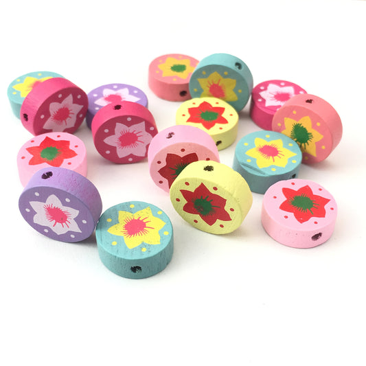 Round Painted Flower Bead, Floral Multi Colour Pastel Assorted Wooden Beads, 25 Pieces DIY Wood 16mm Beading Craft